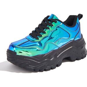 Women Blue Hologram Casual Tennis Lace Up Chunky Sneakers Shoes